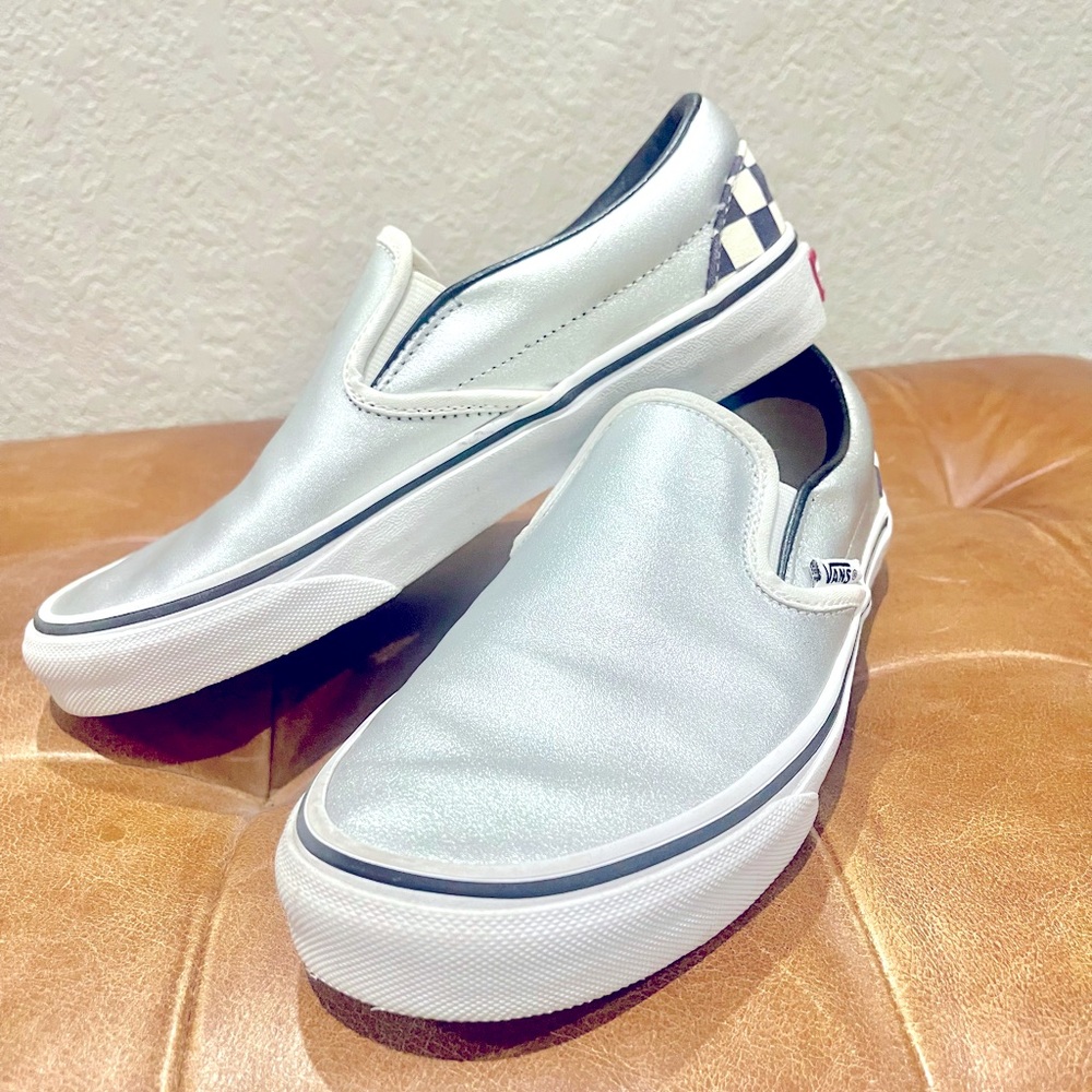 Custom Leather Slip-On Silver Vans, Size 7 Womens/5.5 Mens